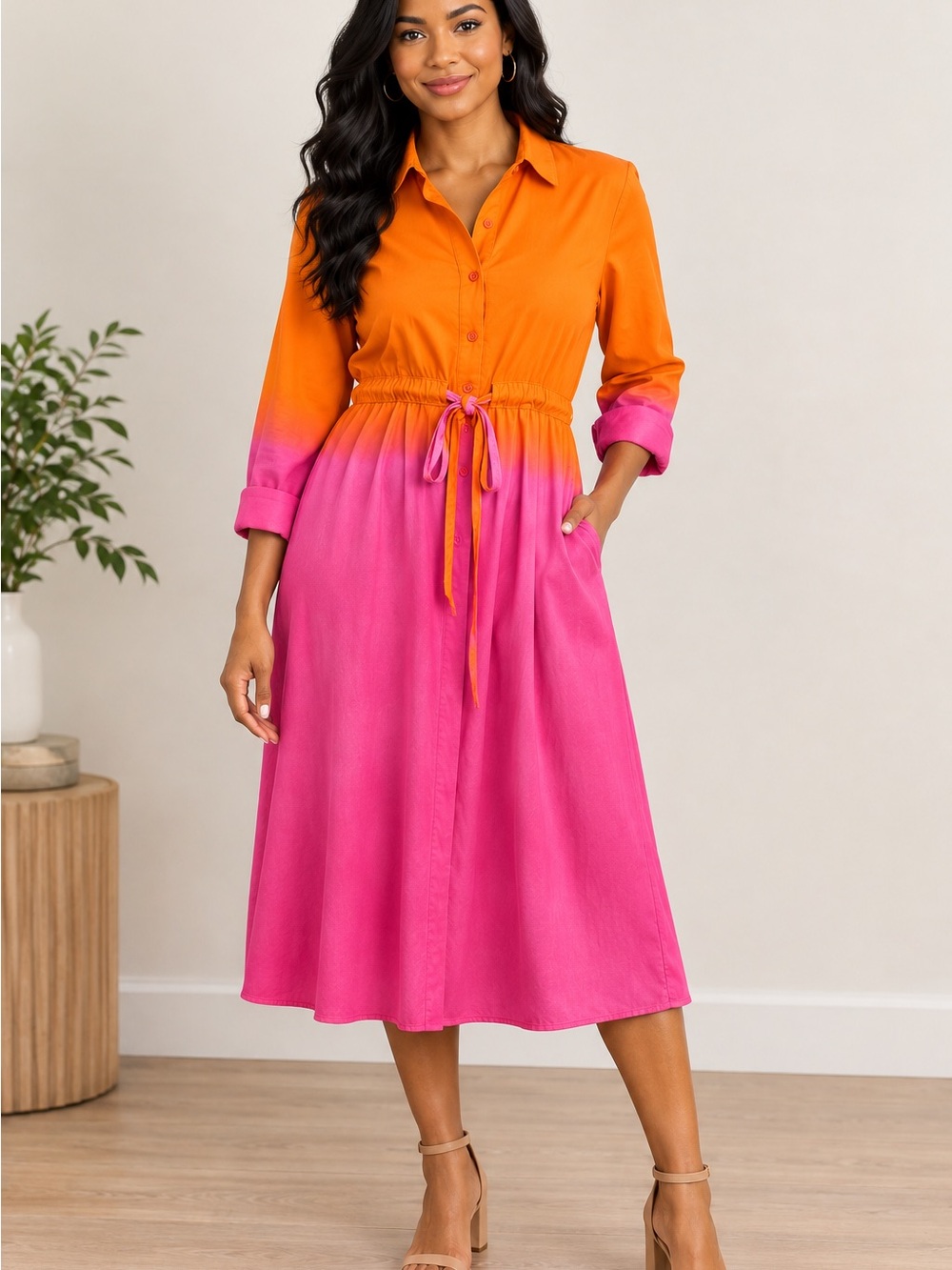 Vibrant Nic + Zoe Orange-to-Pink Ombre gradient and cinched drawstring waist